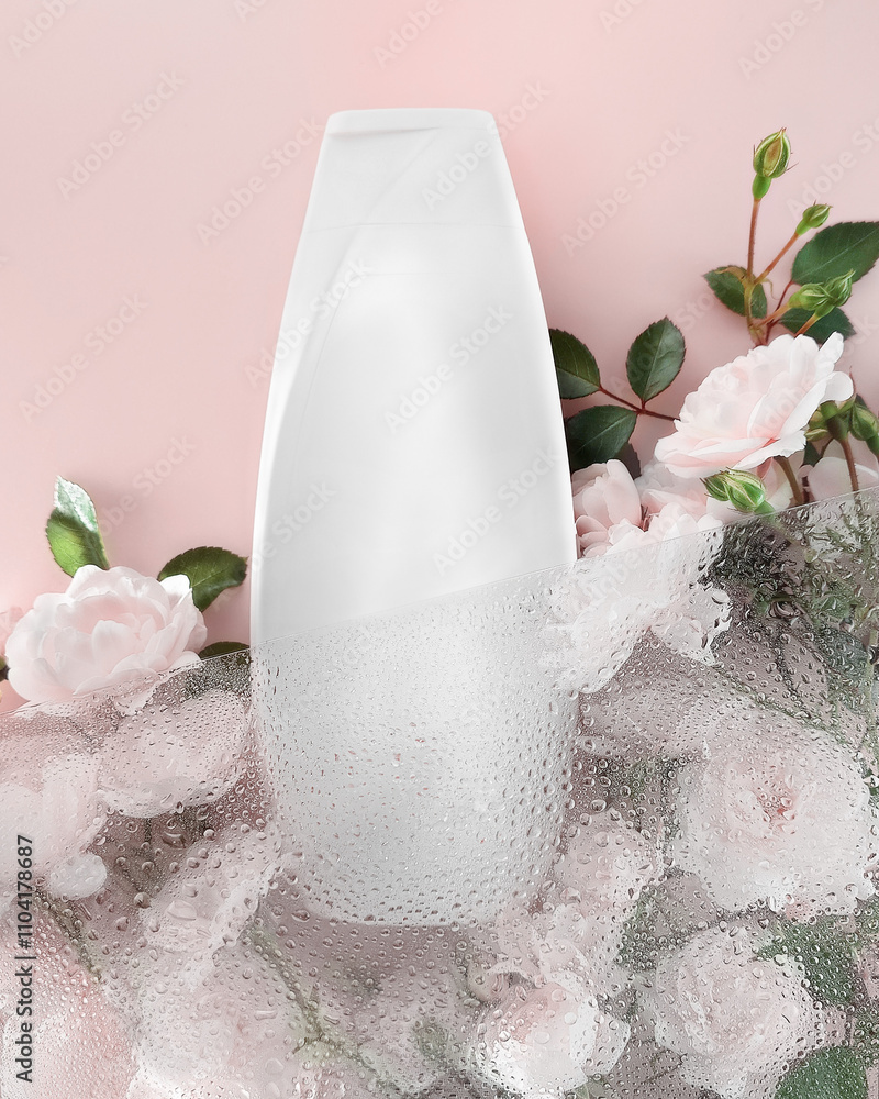 An Elegant Bottle Surrounded by Beautiful Blossoms and Gentle Bubbles, Creating a Serene Atmosphere