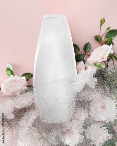 Obraz na płótnie An Elegant Bottle Surrounded by Beautiful Blossoms and Gentle Bubbles, Creating a Serene Atmosphere w salonie