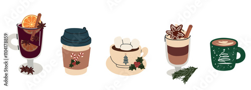 Set of Christmas hot drinks. Mulled wine, coffee, latte, cappuccino, decorated with Christmas details. Cute winter cups. Flat illustration on white isolated background.