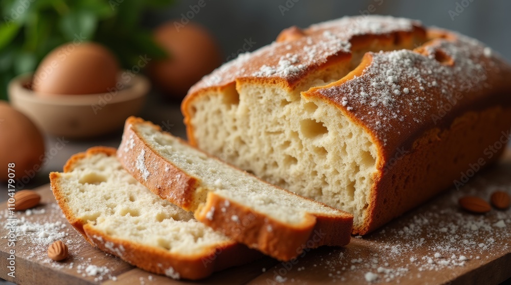 Freshly baked almond flour bread with a golden crust and soft interior Freshly baked almond flour bread with a golden crust and soft interior