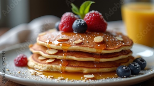 Fluffy almond flour pancakes topped with fresh berries and maple syrup photo