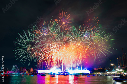 Landscape of firework vijit chao phraya 2024 A Dazzling Spectacle Illuminating Bangkok’s Iconic Riverfront at Memorial Bridge (Phra Phuttha Yodfa)