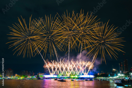 Landscape of firework vijit chao phraya 2024 A Dazzling Spectacle Illuminating Bangkok’s Iconic Riverfront at Memorial Bridge (Phra Phuttha Yodfa)