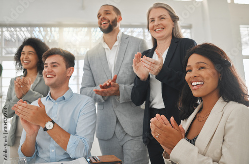 Business people, congratulations and applause in promotion, announcement or office negotiation success. Group of employees, clapping and celebration for partnership, prize or workplace contract goal