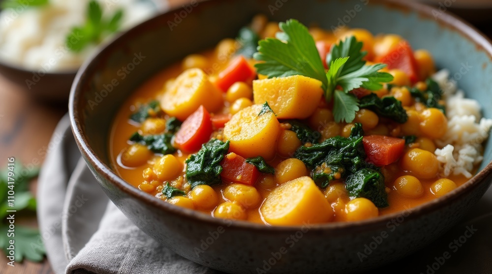Vegetarian chickpea curry with potatoes and spinach in coconut sauce, vibrant and hearty dish Vegetarian chickpea curry with potatoes and spinach in coconut sauce, vibrant and hearty dish