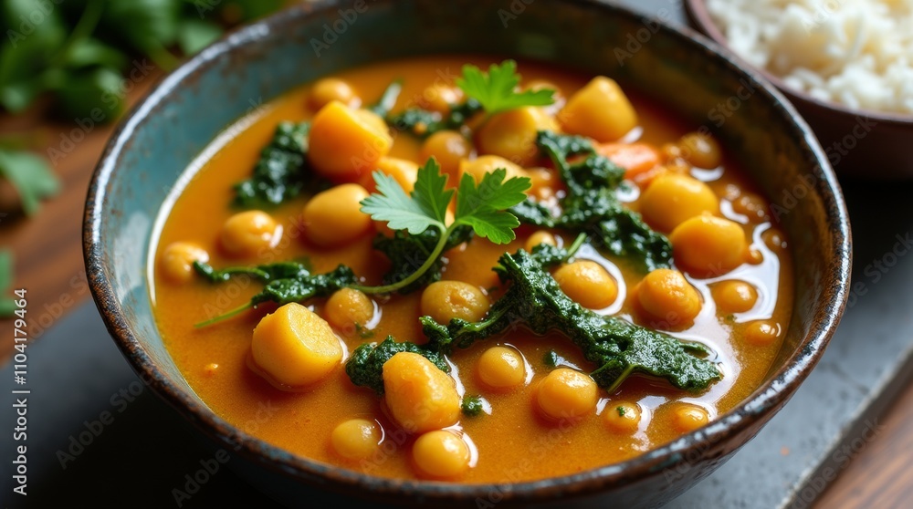 Vegetarian chickpea curry with potatoes and spinach in coconut sauce, vibrant and hearty dish Vegetarian chickpea curry with potatoes and spinach in coconut sauce, vibrant and hearty dish