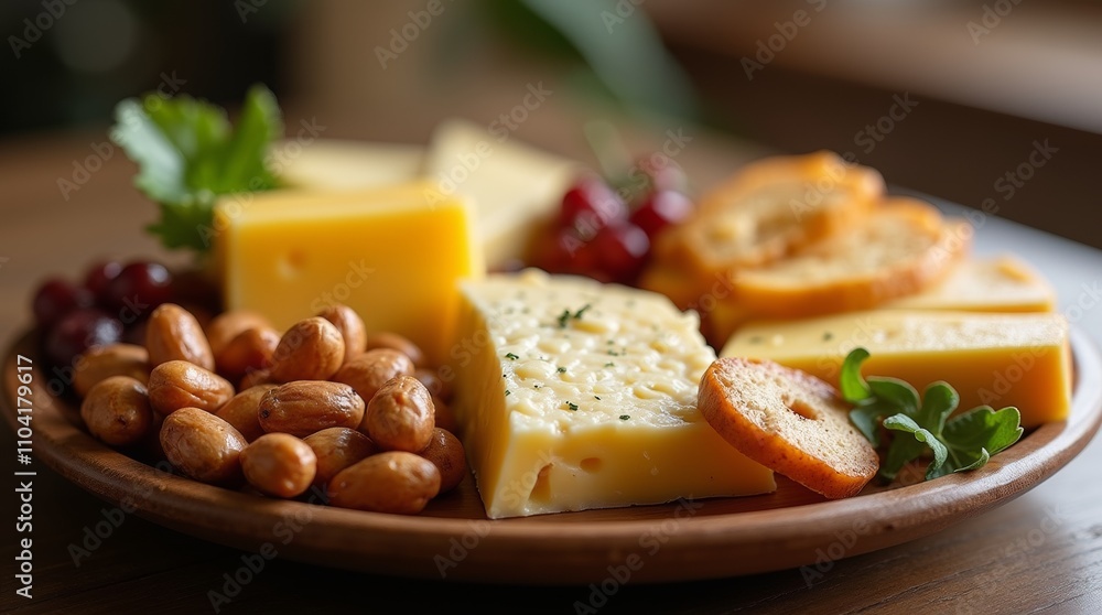 Artisan cheese and nuts platter with assorted varieties and garnishes Artisan cheese and nuts platter with assorted varieties and garnishes
