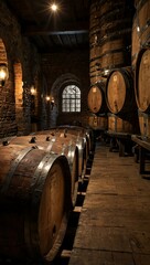 Papier peint photo  Aged oak wine barrels in an atmospheric cellar.  © claudunia