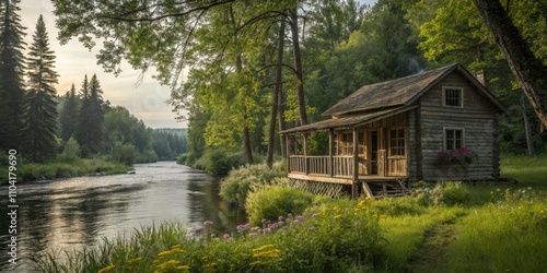 Wallpaper Mural Serene River Cabin: A Tranquil Retreat by the Waterâ€™s Edge, Embracing Nature's Beauty and Rustic Charm in the Heart of Wilderness Torontodigital.ca