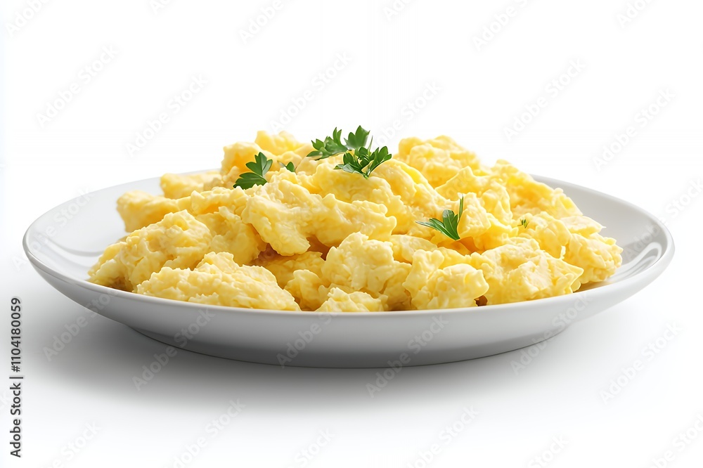 A plate of fluffy scrambled eggs garnished with parsley, ready to be served. A plate of fluffy scrambled eggs garnished with parsley, ready to be served.