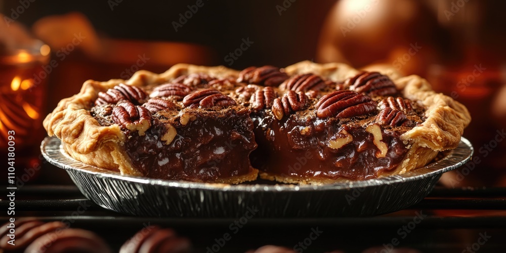 A delicious pie topped with chocolate and pecans, perfect for dessert or snack A delicious pie topped with chocolate and pecans, perfect for dessert or snack