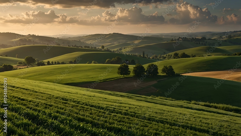 Fototapeta premium Agricultural landscape with rolling hills and clouds.
