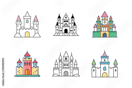 Medieval Castle Vector Illustration Ancient Fortress with Towers, Battlements, Moat, and Enchanted Fantasy Architecture