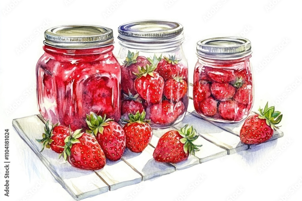 Fresh strawberry jars on a wooden table, perfect for kitchen or dining scene Fresh strawberry jars on a wooden table, perfect for kitchen or dining scene