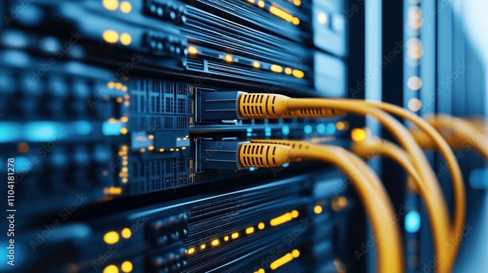 Close-up view of network servers in a data center with connected yellow cables and illuminated indicator lights. Close-up view of network servers in a data center with connected yellow cables and illuminated indicator lights.