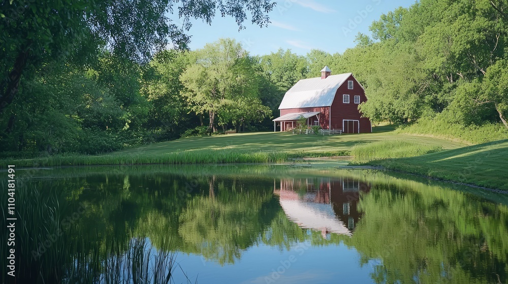 Obraz premium Serene Reflections: Photorealistic Red Barn with White Roof Mirrored in Still Pond - Ultra-Detailed Landscape Photography