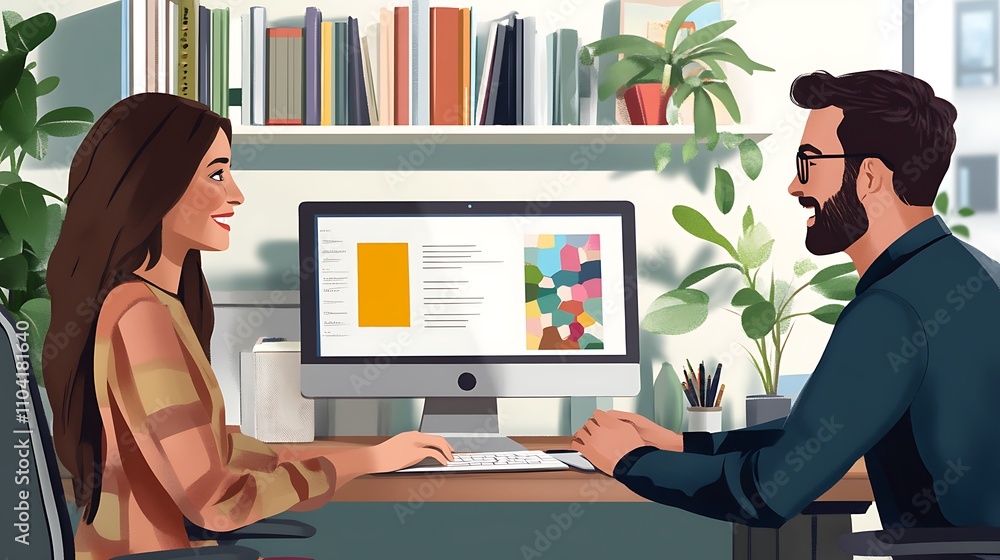 A collaborative mentorship moment in a cozy office, the mentor guiding the employee through a colorful presentation on a computer, shelves with books and awards in the background, warm tones, A collaborative mentorship moment in a cozy office, the mentor guiding the employee through a colorful presentation on a computer, shelves with books and awards in the background, warm tones,