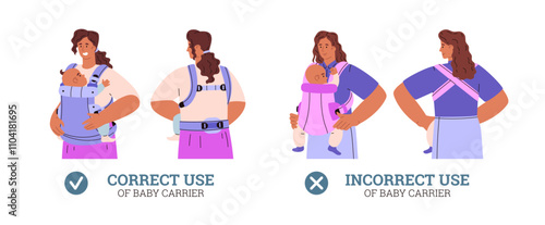Cartoon parent woman standing with infant, toddler in ergo baby carrier, vector infographics poster healthy motherhood