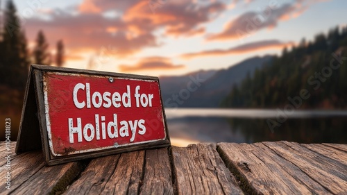 for holidays concept. Closed sign on a wooden deck by a scenic lake at sunset.