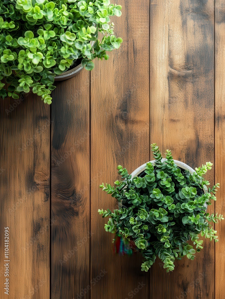 Rustic Wooden Table with Lush Greenery and Small Succulents