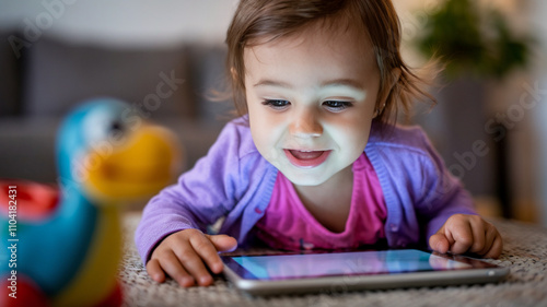 Little Girl Focused on Tablet Screen