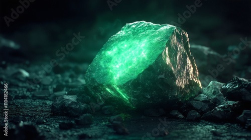 A glowing chunk of uranium, faint green light emanating from its surface in a cave.  photo