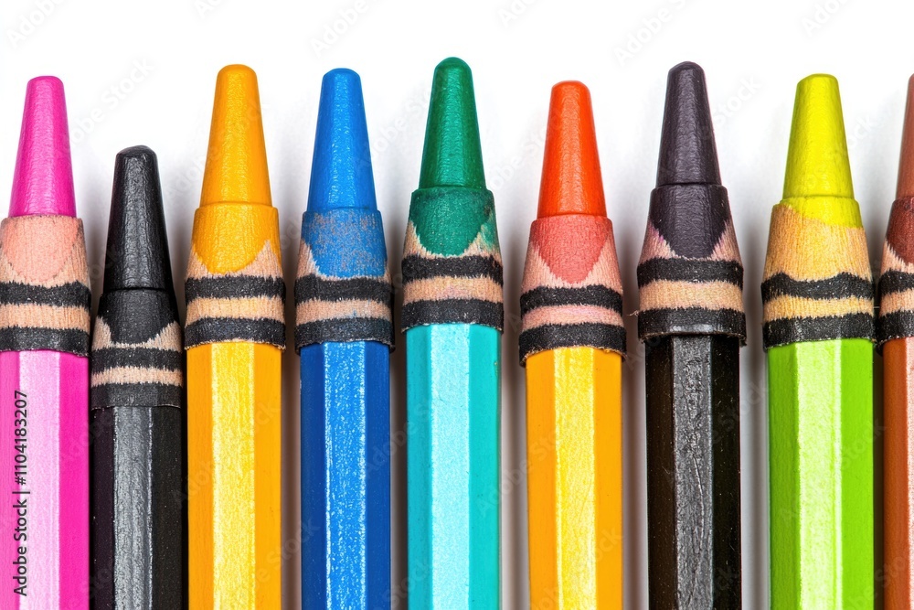 A set of vibrant colored pencils arranged neatly in a row, perfect for art supplies or decoration A set of vibrant colored pencils arranged neatly in a row, perfect for art supplies or decoration
