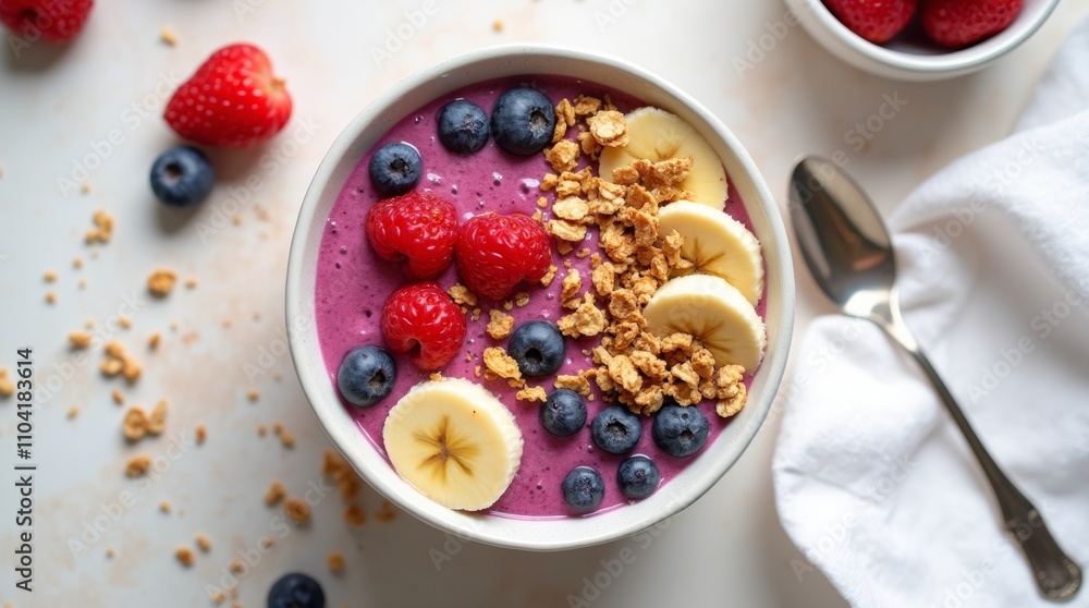 Vibrant smoothie bowl with fresh berries, banana slices, and granola, healthy breakfast Vibrant smoothie bowl with fresh berries, banana slices, and granola, healthy breakfast
