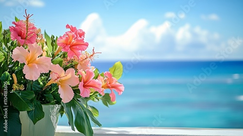 Wallpaper Mural A serene arrangement of exotic tropical flowers on a balcony overlooking the ocean, soft-focus shot, Coastal style Torontodigital.ca