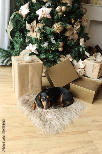 duchshund cachorro fofo com presentes de natal  photo