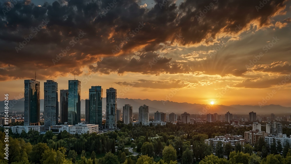 Fototapeta premium Almaty cityscape at summer sunset, capturing its beauty.