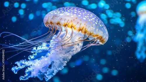 A close-up of a jellyfish glowing ethereally in deep blue waters.