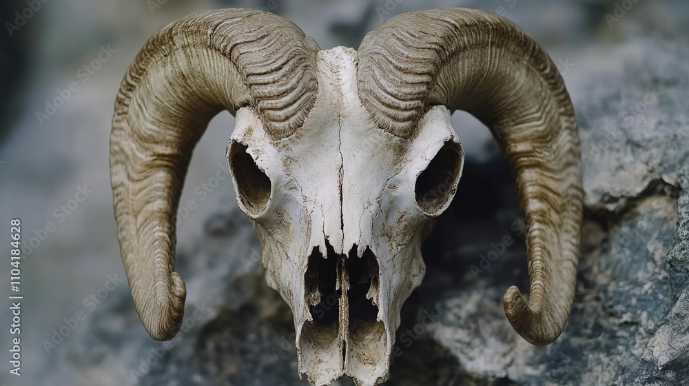A ram skull sits atop a rocky outcropping, worn and weathered A ram skull sits atop a rocky outcropping, worn and weathered