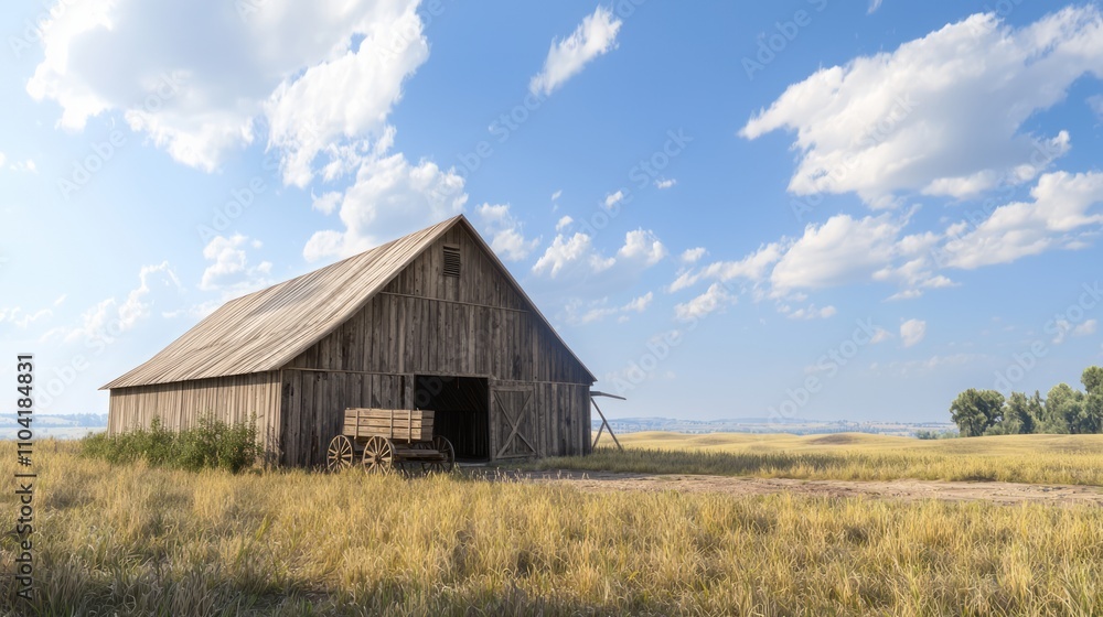 Tranquil Prairie Scene with Rustic Barn and Wooden Wagon - Ultra-Detailed Photorealistic Image of Quaint Rural Setting Tranquil Prairie Scene with Rustic Barn and Wooden Wagon - Ultra-Detailed Photorealistic Image of Quaint Rural Setting