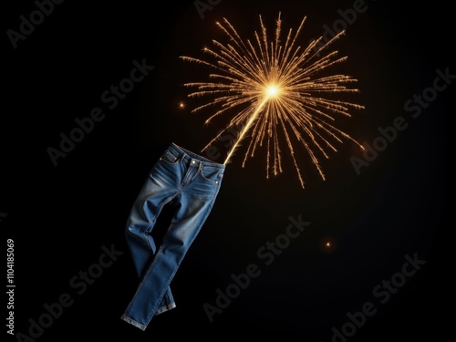 Pair of jeans exploding with golden fireworks on black background photo