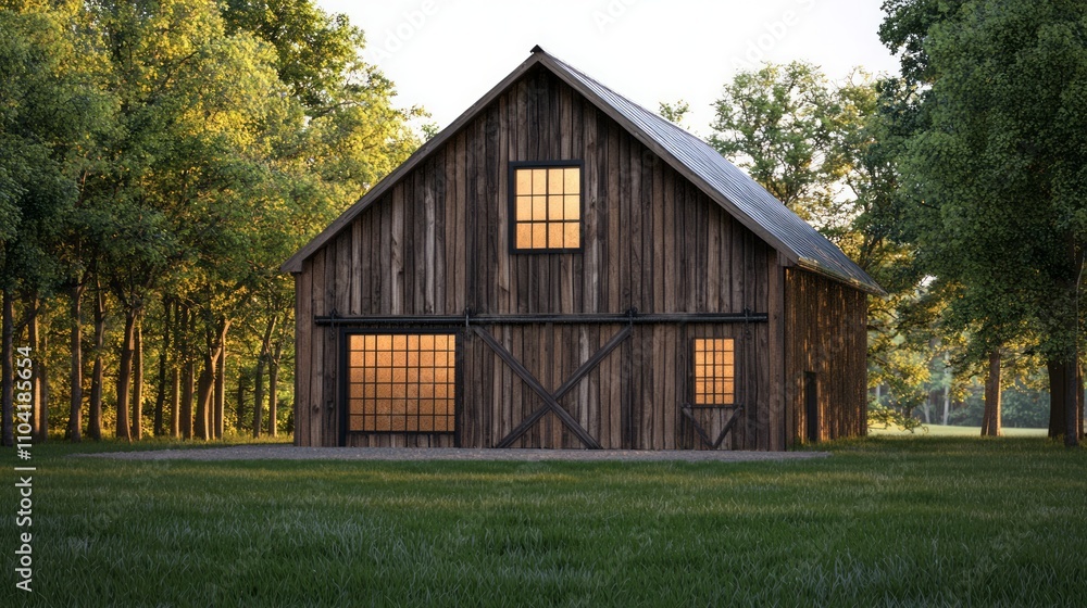 Serene Morning Glow: Photorealistic Image of Rustic Barn with Hayloft Window Illuminated by Soft Sunlight Filtering Through Trees Serene Morning Glow: Photorealistic Image of Rustic Barn with Hayloft Window Illuminated by Soft Sunlight Filtering Through Trees