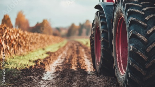 Farm tractor on muddy field path surrounded by autumn landscape