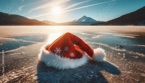 Am Rande eines Sees liegt mitten im Winter eine rote Weihnachtsmütze, die Sonne scheint sanft, im  Hintergrund die Berge photo