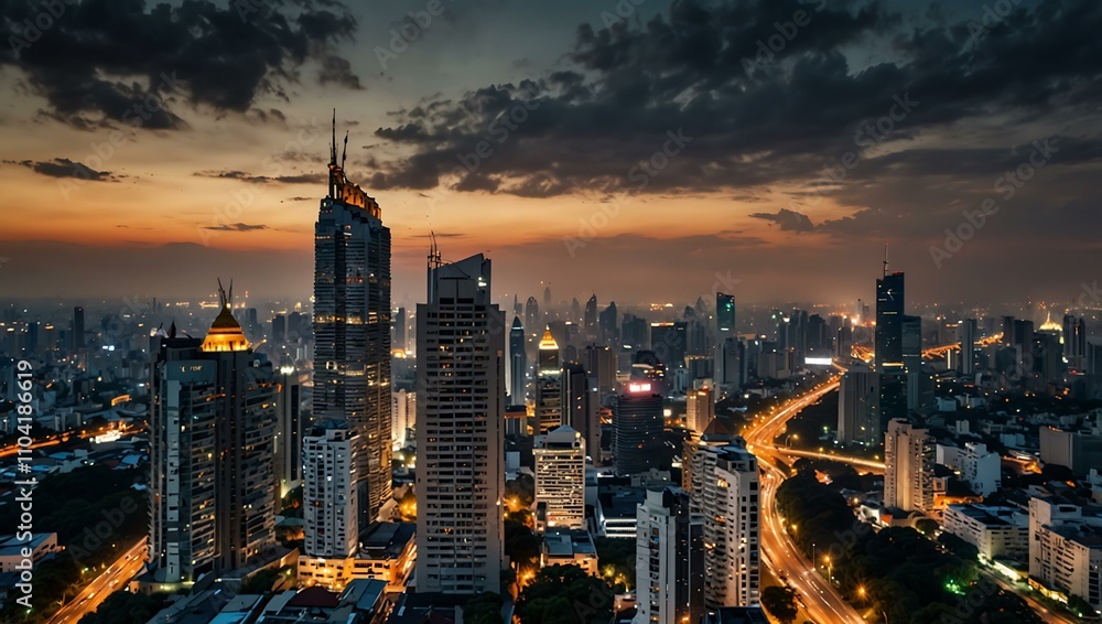 Obraz premium Amazing panoramic view of Bangkok's skyline with skyscrapers.