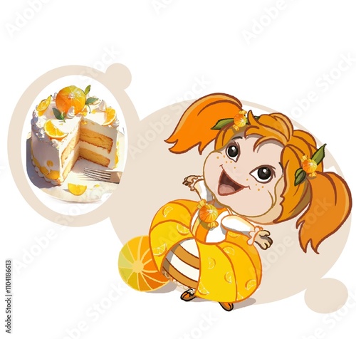 Wallpaper Mural The little girl, a cake with tangerine and airy cream, is happy, smiling, looking at the sun, and rejoicing. Torontodigital.ca
