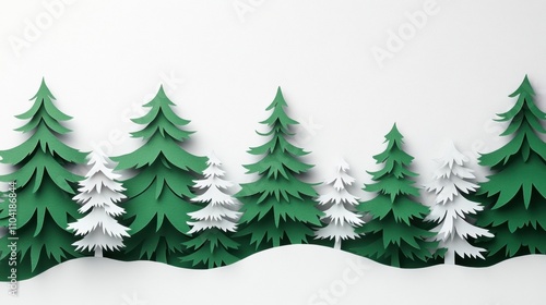 Paper cutout forest of Christmas trees on white background