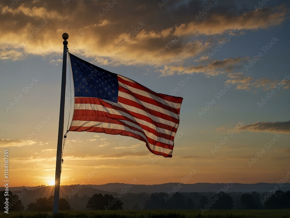 Obraz premium American flag flying at dawn, symbolizing patriotism on national days.
