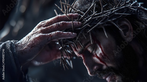 A close-up of Jesus’ crown of thorns being placed on His head, showing deep emotion and sacrifice.
