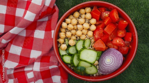 Healthy Vegan Bowl with Chickpeas, Fresh Vegetables, and Qunioa on a Red Checkered Tablecloth Surrounded by Green Grass photo