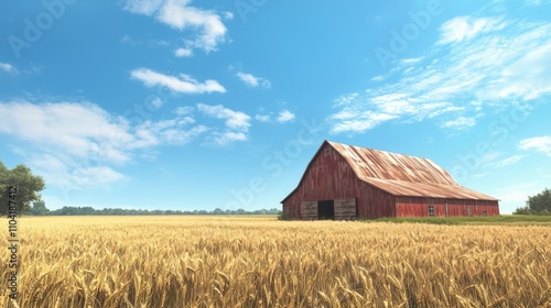 Serene Countryside Landscape with Weathered Red Barn, Rusty Tin Roof, and Golden Fields of Wheat under Vibrant Blue Sky - Ultra-Detailed Photorealistic Image