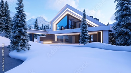Snowcovered chalet nestled in the mountains