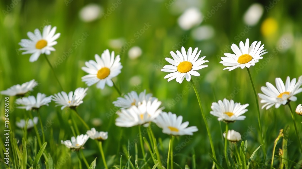 A serene cluster of white daisies in a lush green meadow, wide shot, Naturalistic style A serene cluster of white daisies in a lush green meadow, wide shot, Naturalistic style