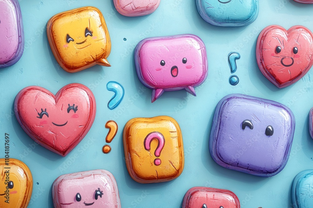 Colorful chat bubbles with expressions and symbols on a blue background.