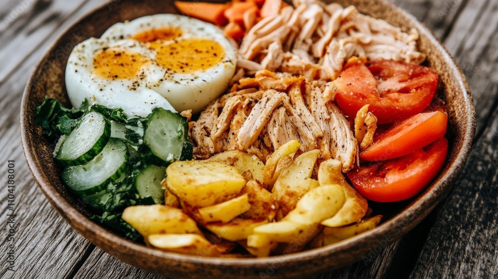 Freshly Prepared Healthy Meal with Chicken, Boiled Egg, Fresh Vegetables, and Potatoes Served in a Rustic Bowl on a Wooden Table Freshly Prepared Healthy Meal with Chicken, Boiled Egg, Fresh Vegetables, and Potatoes Served in a Rustic Bowl on a Wooden Table