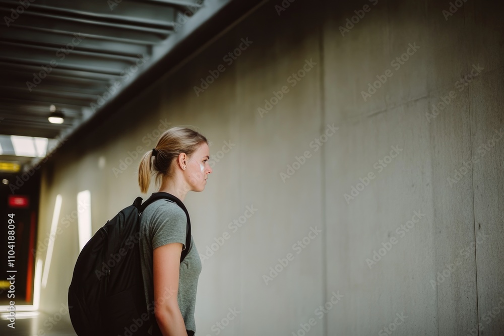 Young caucasian female with backpack walking in urban corridor